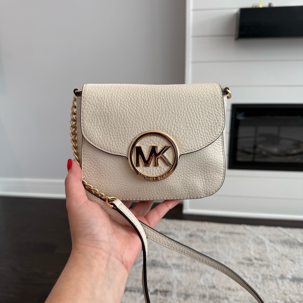 Michael Kors Ivory Pebbled Leather Crossbody with Gold MK Emblem
